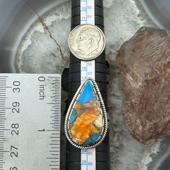 Sterling Southwestern Style Teardrop Turquoise Spiny Oyster Ring Sz 10 For Women - Picture 9 of 10